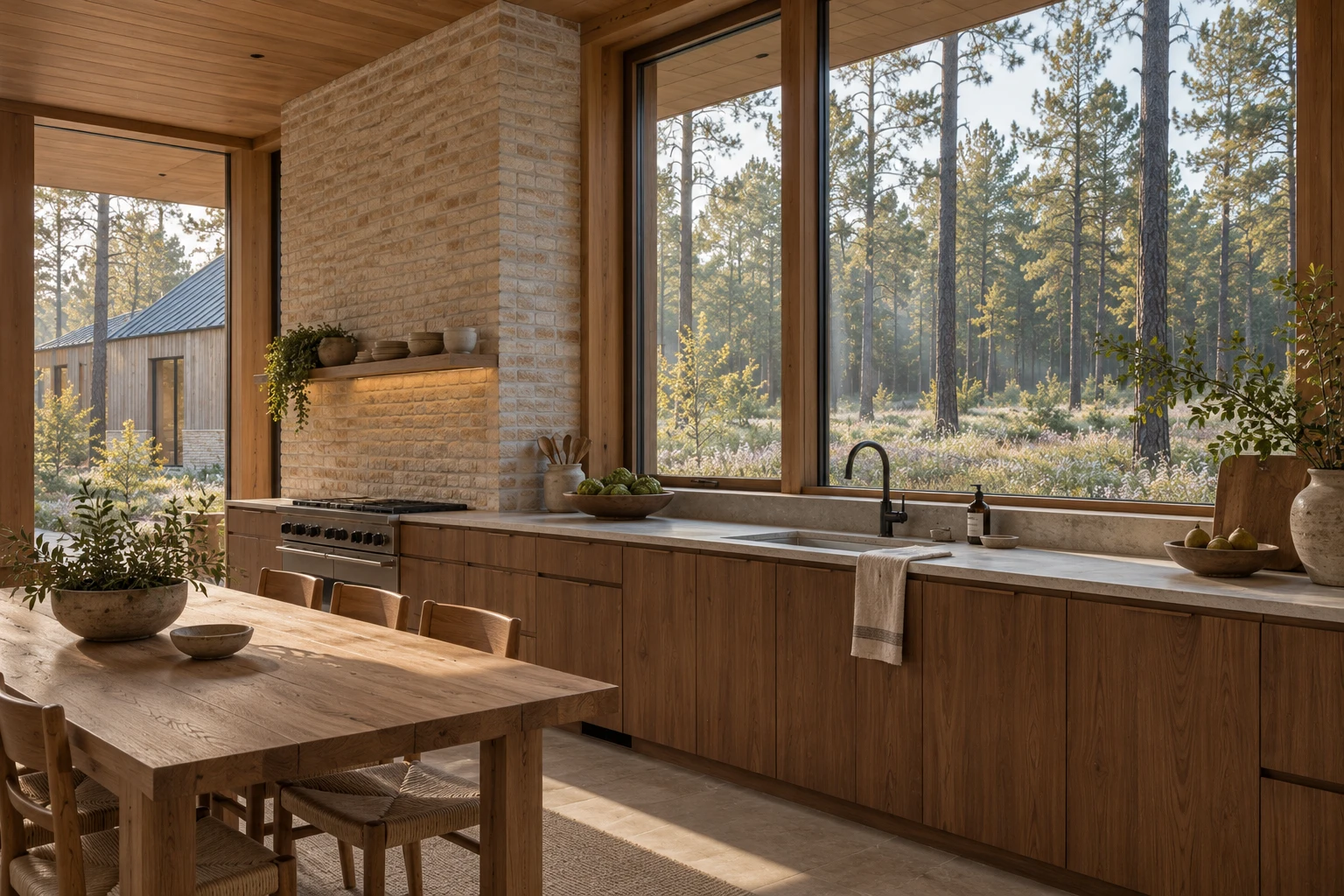 The Long House — Warm timber, pale brick and an open table. Concept image.