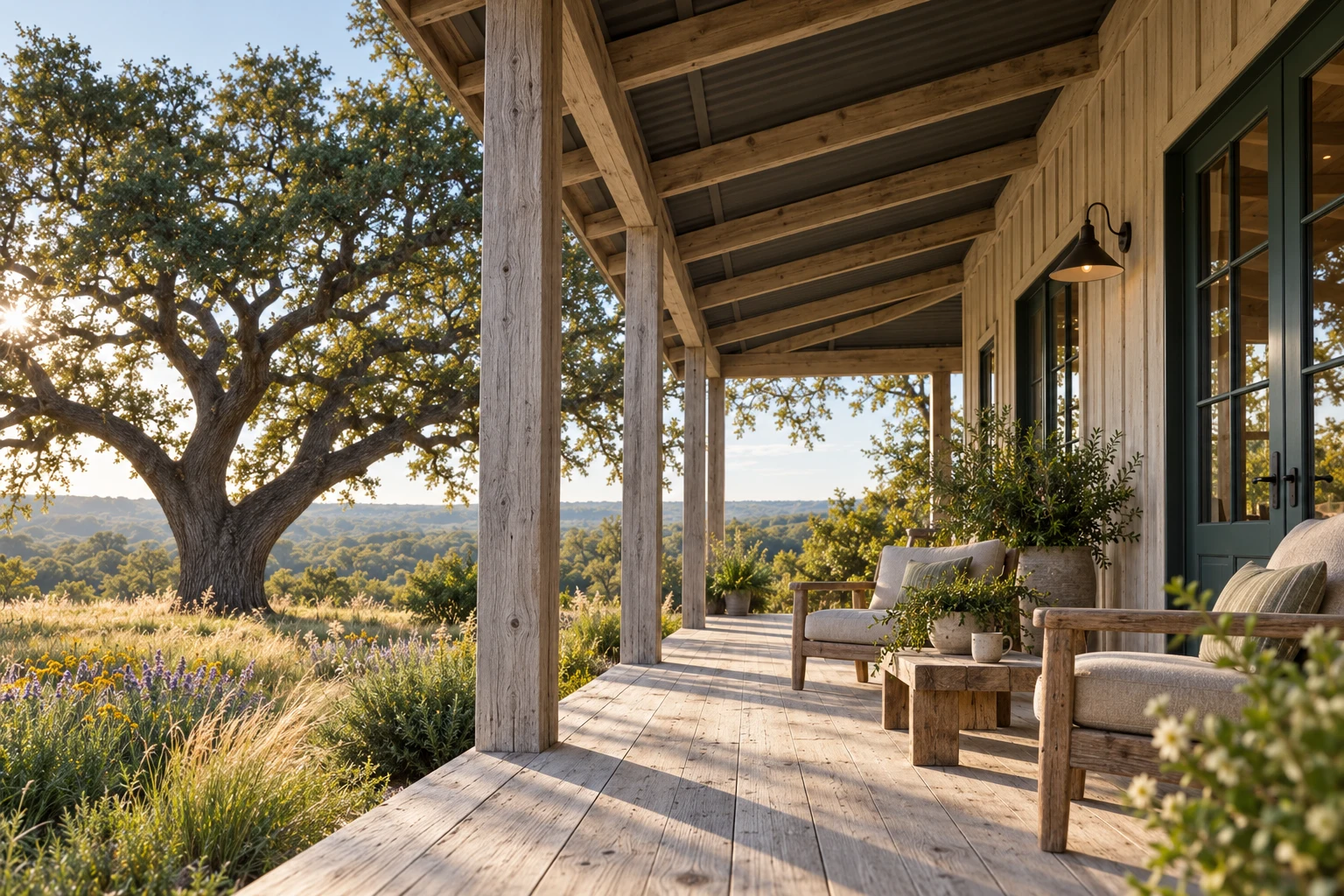 Meadow House — The day settles under the long roof. Concept image.