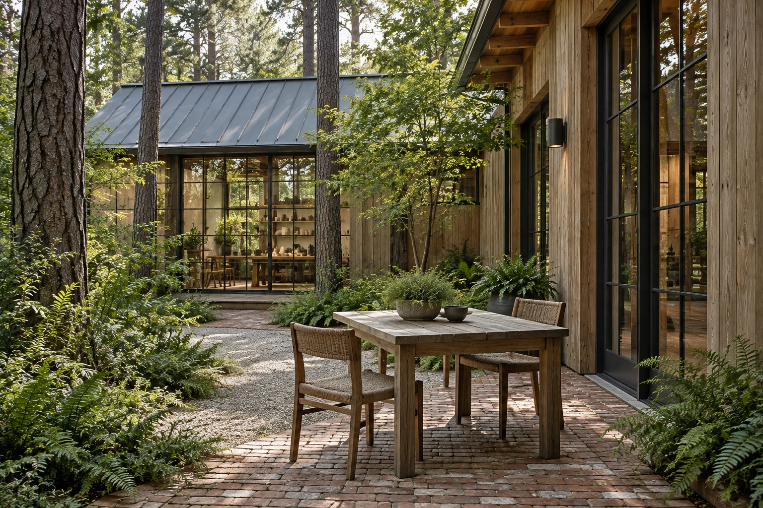 The Pine Workshop — A shared court for work and good company. Concept image.