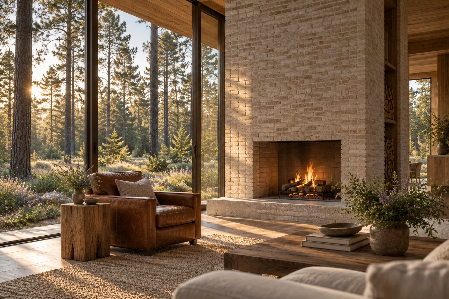 The Long House — A chair beside the hearth, with the trees close. Concept image.