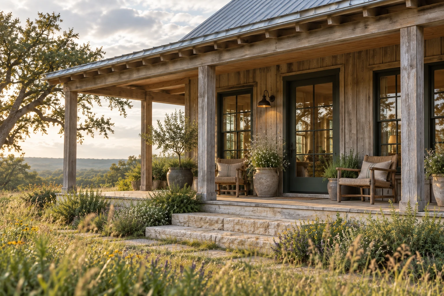 Meadow House — A sheltered threshold at the field’s edge. Concept image.