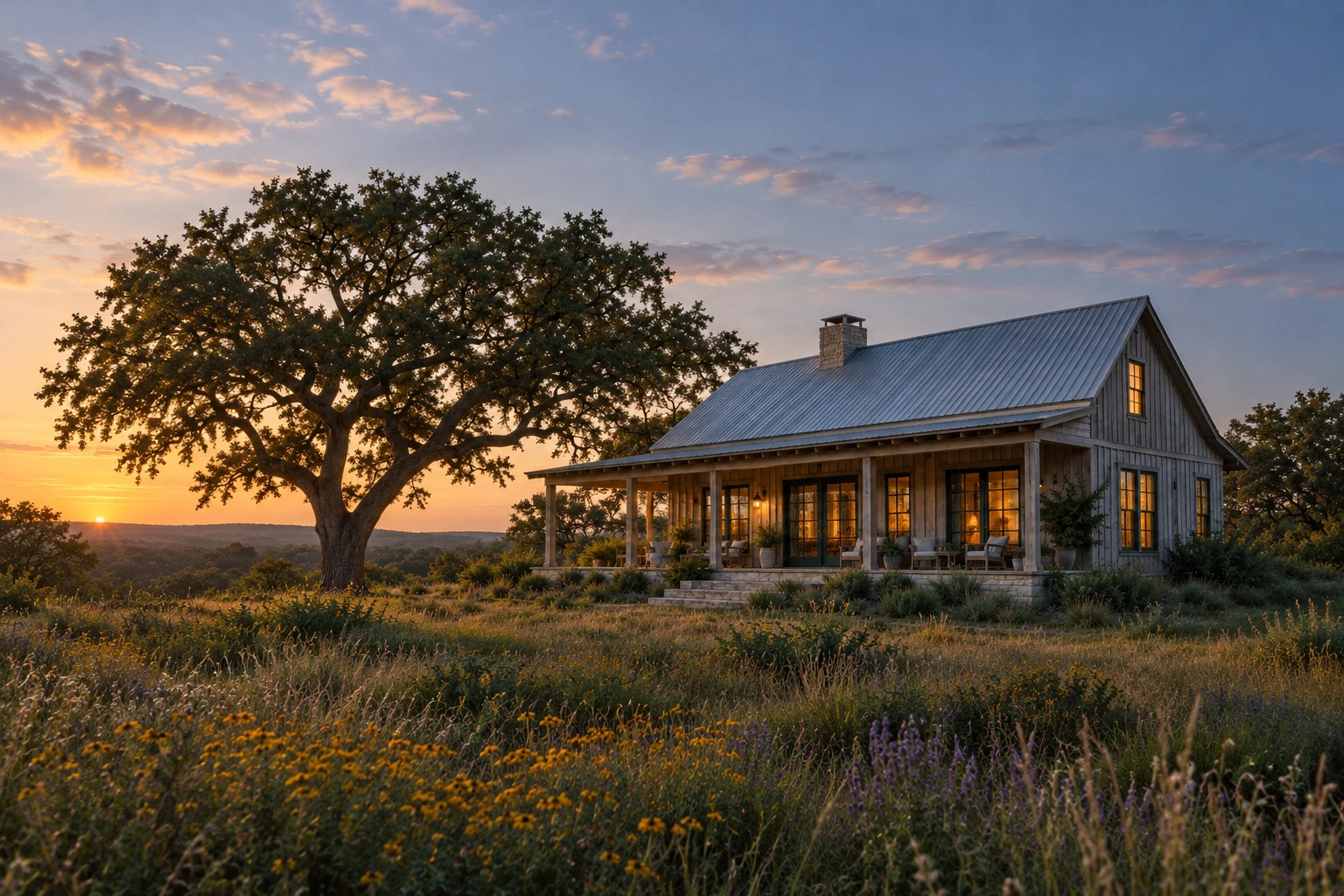 Meadow House — The house settles into the evening. Concept image.