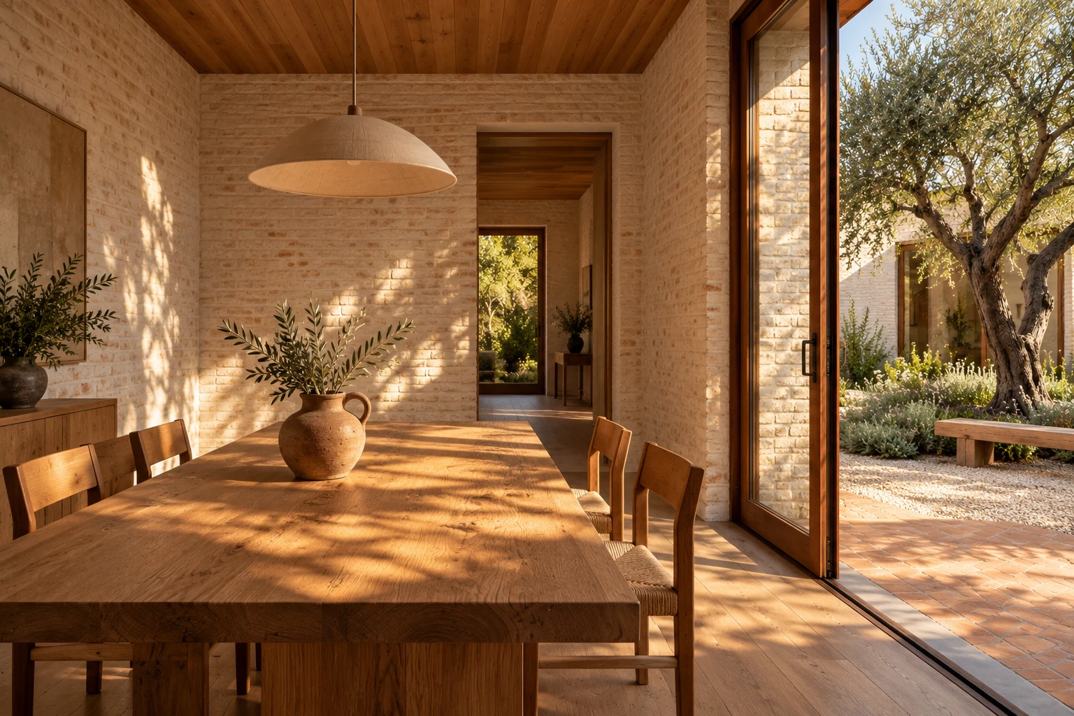 The Courtyard House — A table with the garden for company. Concept image.