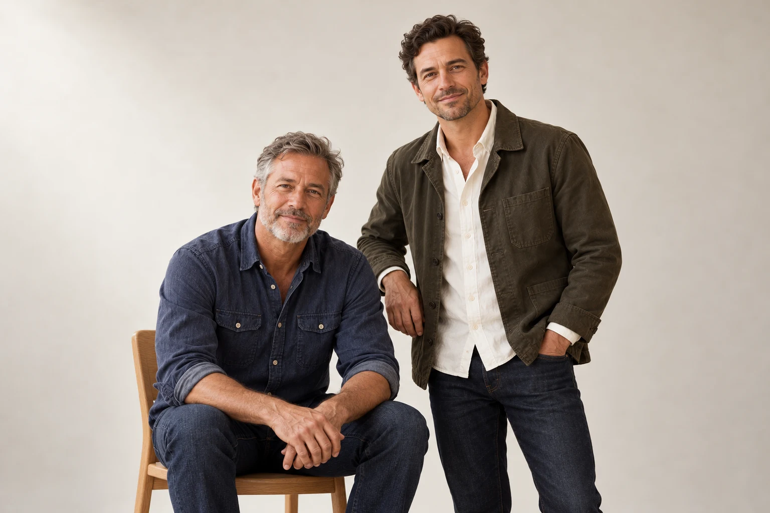 Invented portrait stand-ins: Jeff Chandler seated at left, CJ Thomason standing at right, against a warm ivory studio backdrop.