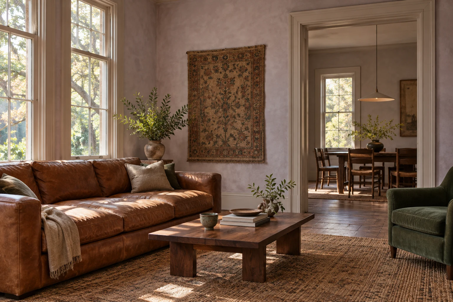 A fictional sitting room with worn cognac leather, pale lilac walls and live-oak daylight.