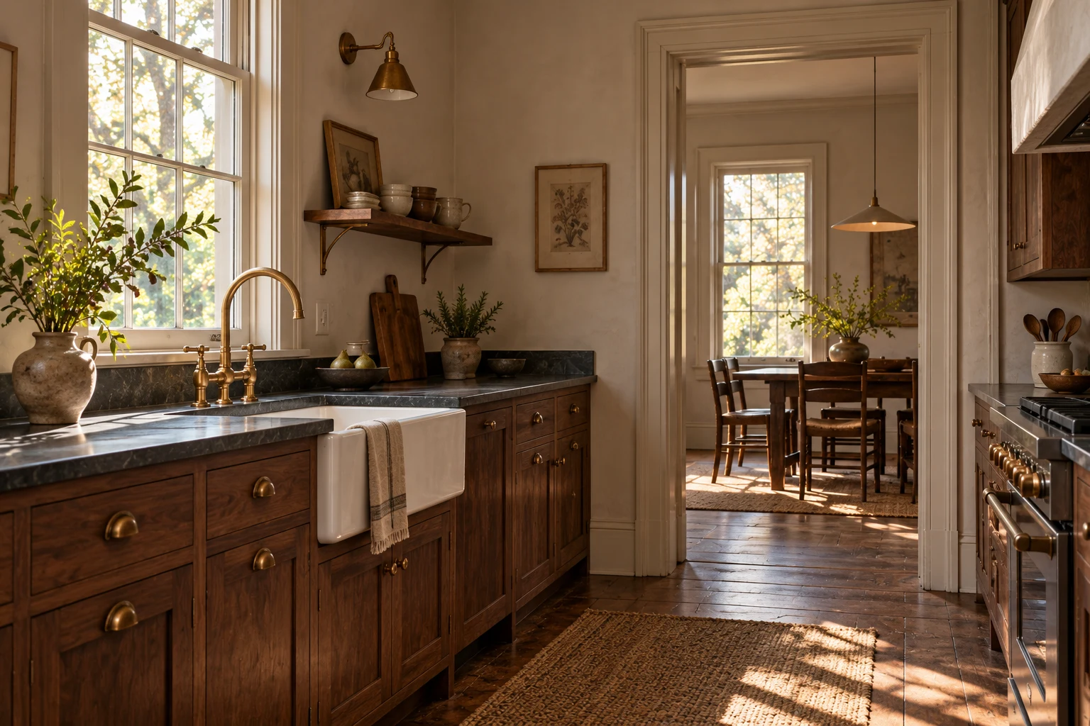 Oak Shade — Timber, stone and a table just through the door. Concept image.