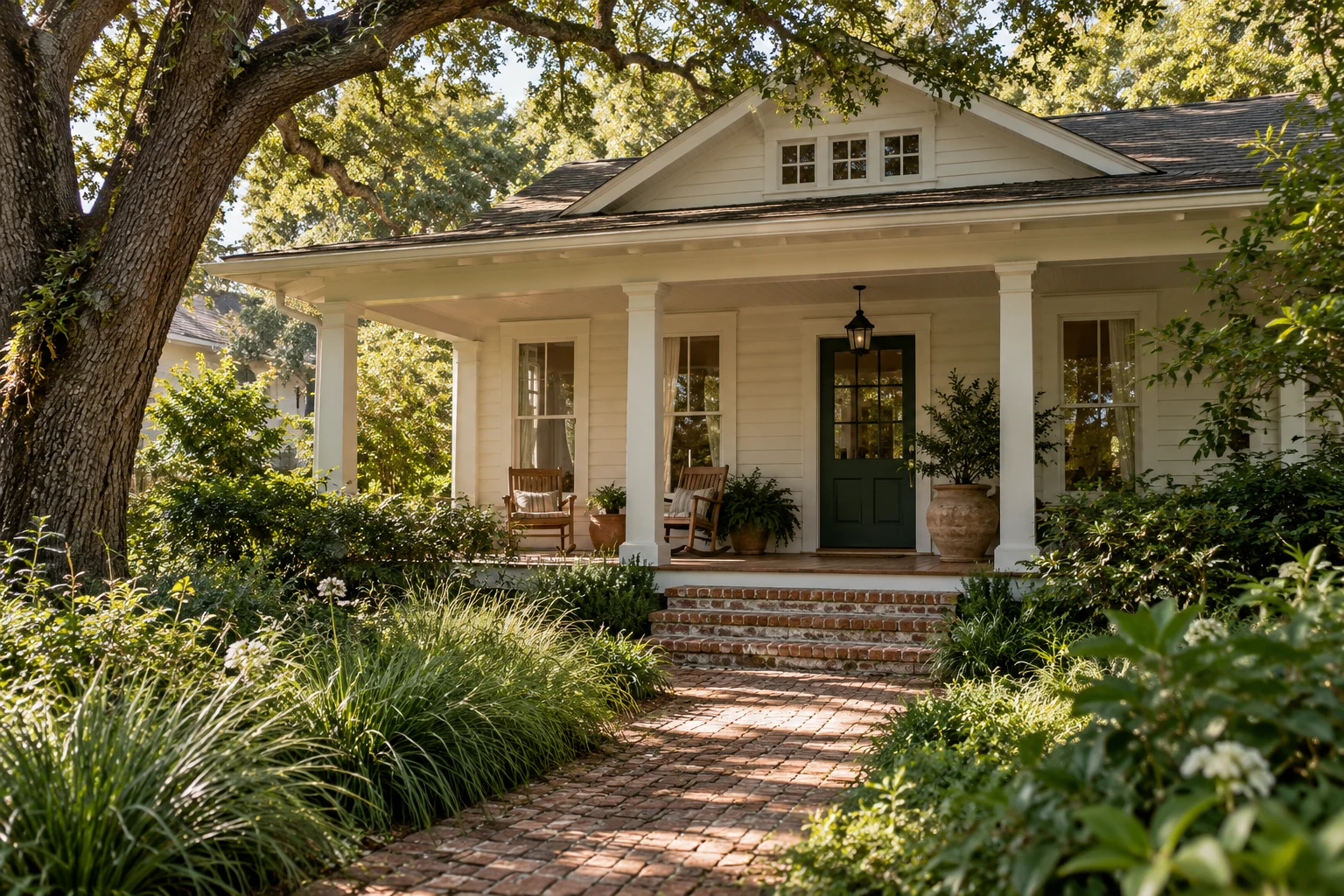 A fictional timber cottage tucked into the shade of a live oak.